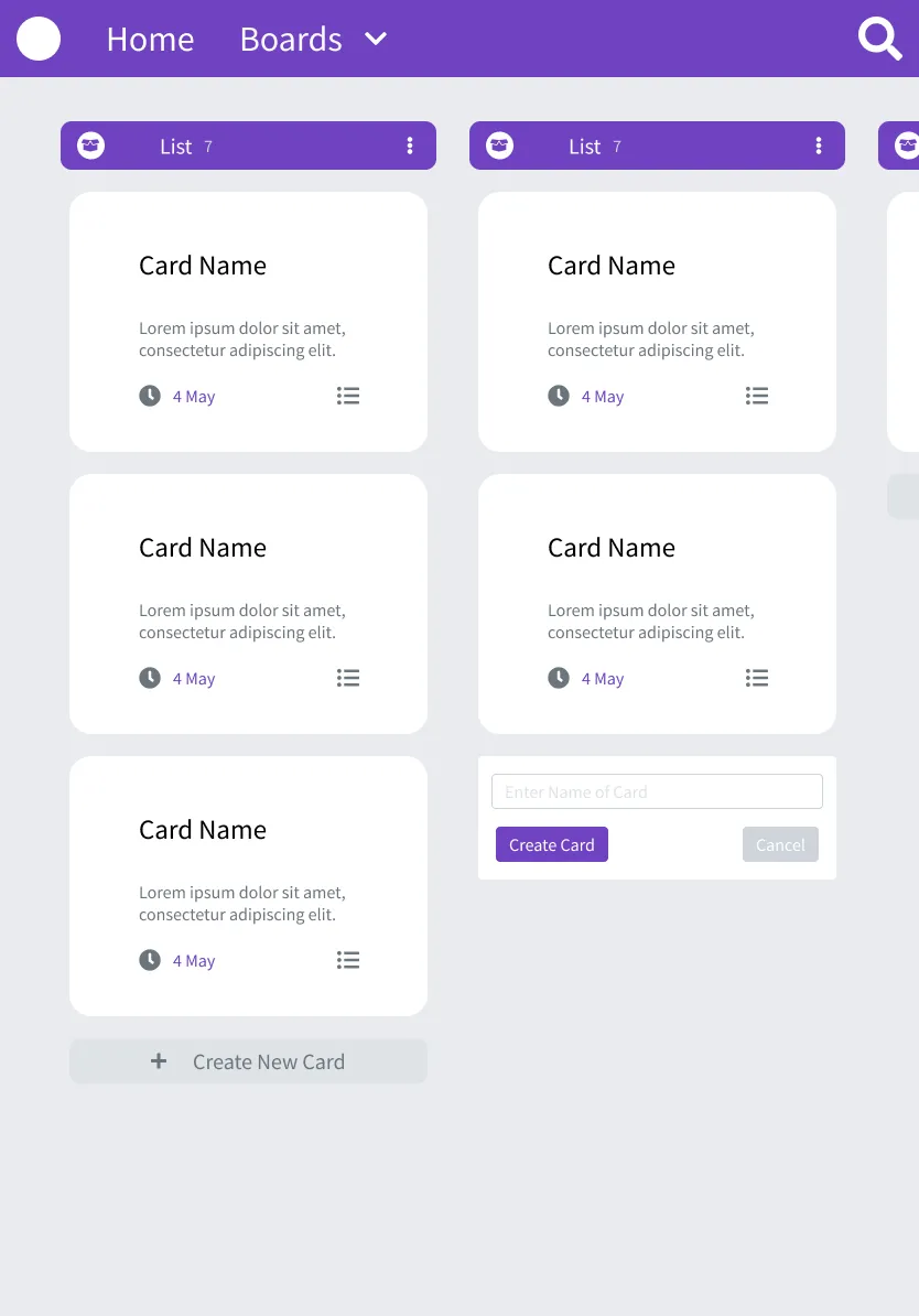 Screen of Kanban Page of Kanban Application viewed on Tablet, as user creates new Card