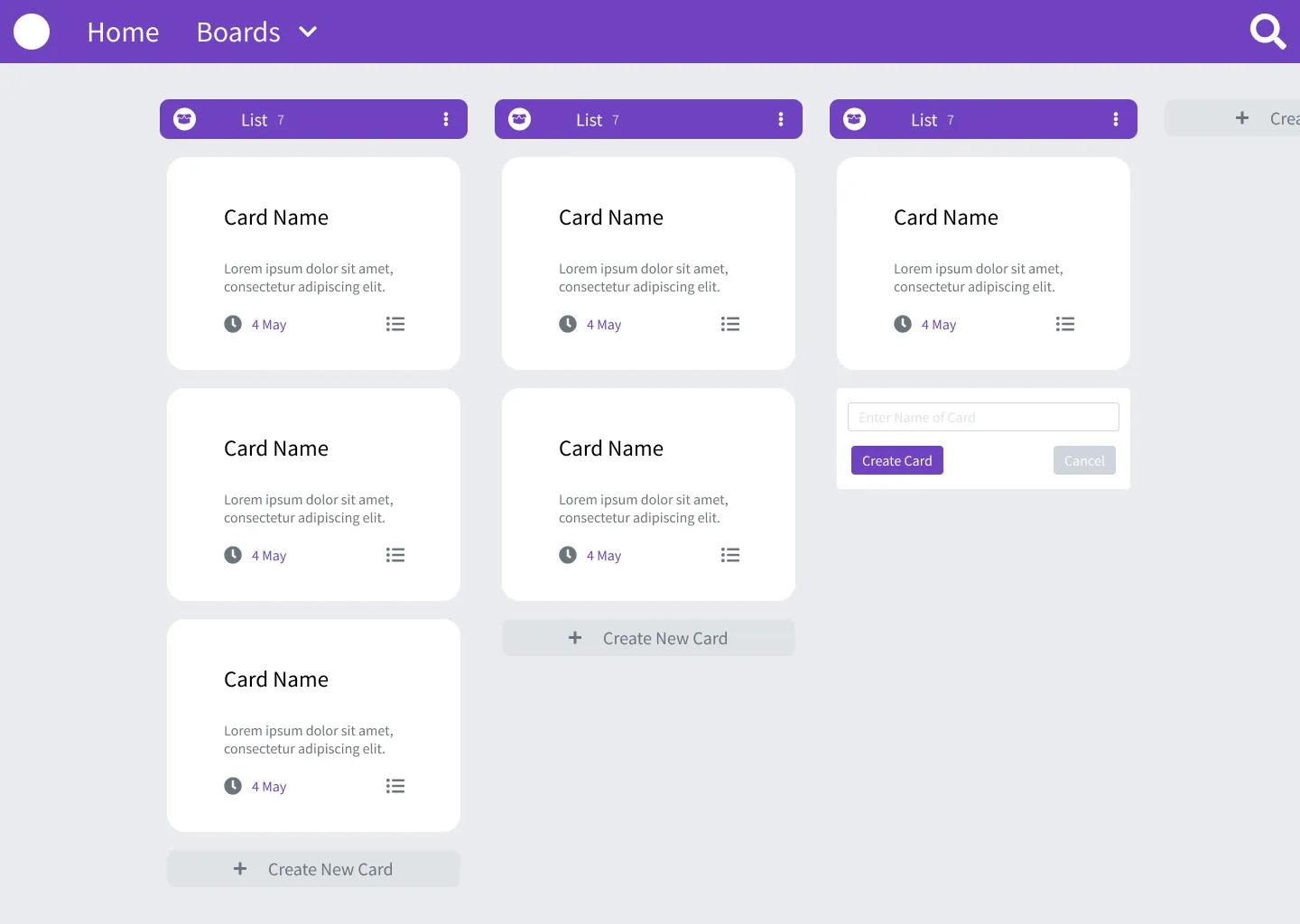 Screen of Kanban Page of Kanban Application viewed on Desktop, as user creates new Card