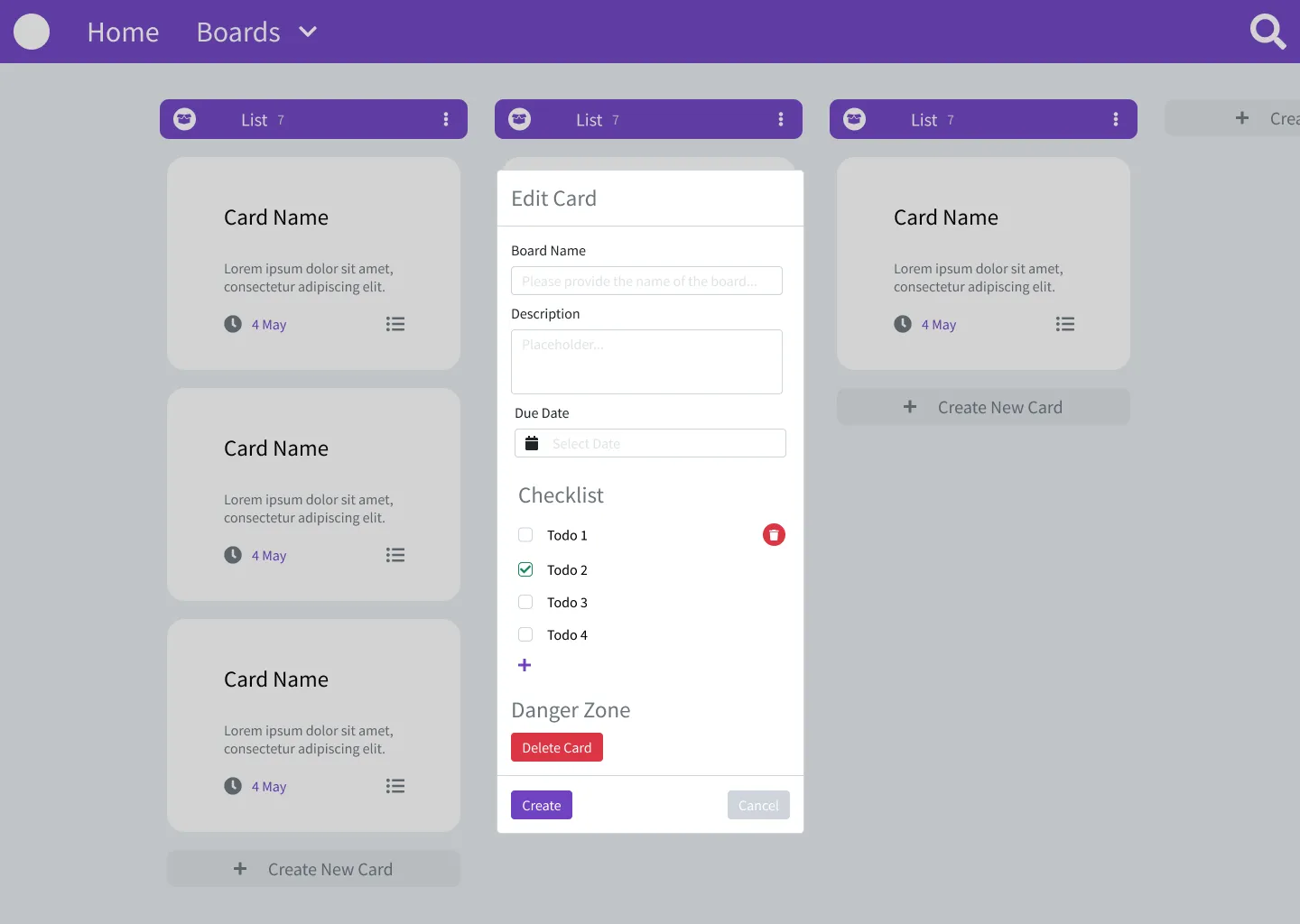 Screen of Kanban Page of Kanban Application viewed on Desktop, as user edits a card