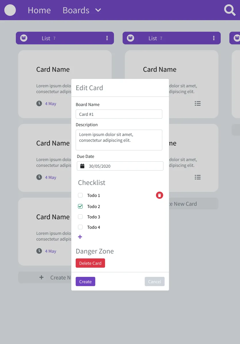 Screen of Kanban Page of Kanban Application viewed on Tablet, as user edits a card