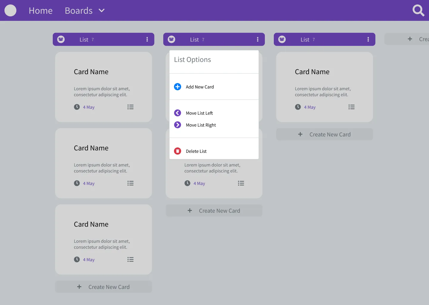 Screen of Kanban Page of Kanban Application viewed on Desktop, as user toggles the options menu of a list