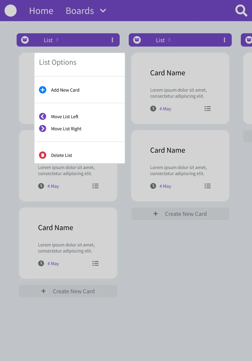 Screen of Kanban Page of Kanban Application viewed on Tablet, as user toggles the options menu of a list